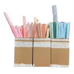 Haberdashery Shop Stock: Various rolls of fabric to include stage satin, towelling, crepe and others in peach, coral, pink, blue, green and turquoise  (qty) in three boxes