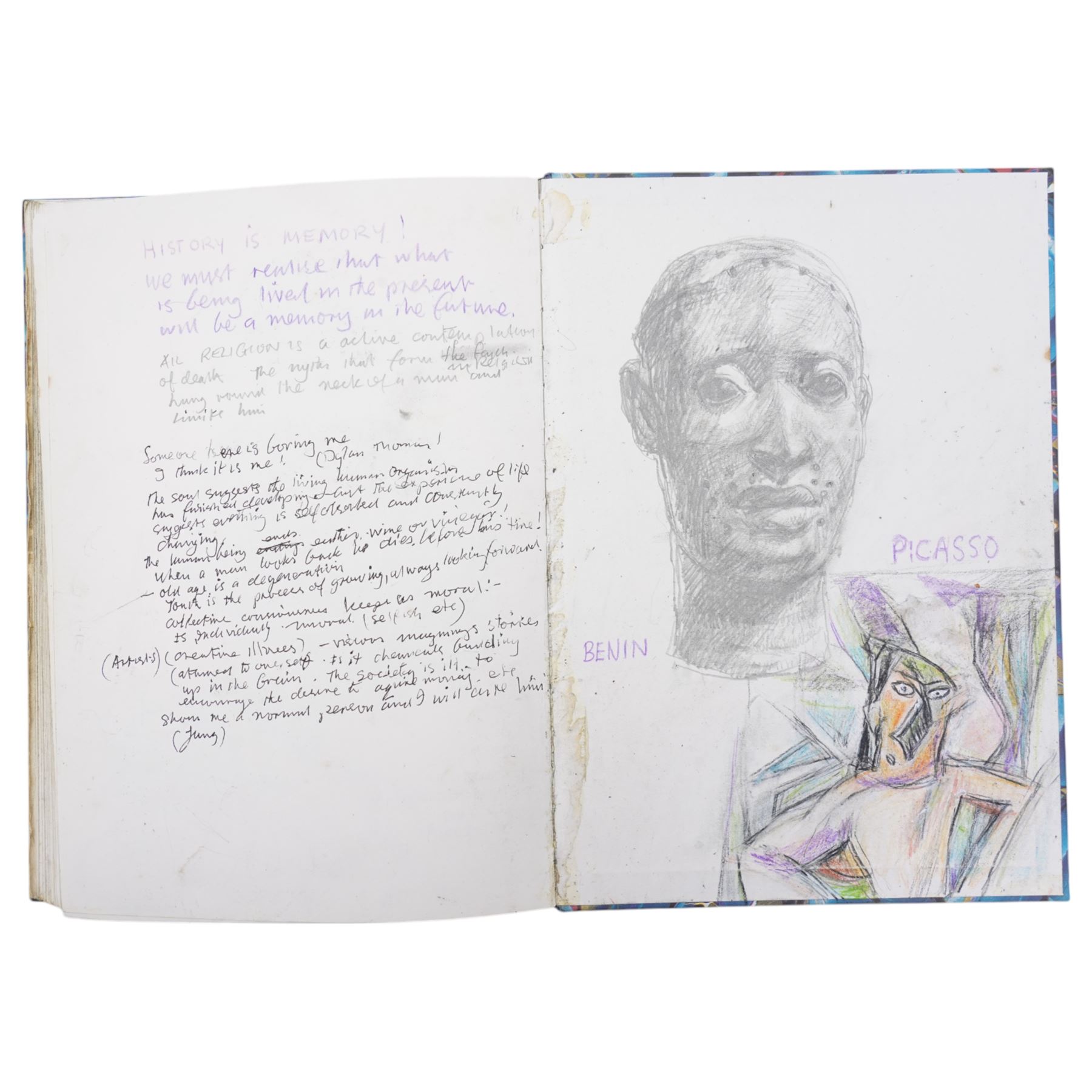 John Gilbey Bowles (British 1929-2011): Artist's Sketchbook - Surreal Art History Conversations, sketchbook containing thirty-four pages of pencil pastel and mixed media sketches of an art historical theme with interactions between famous paintings by different hands, most signed and dated 2008
Notes: examples include Edvard Munch's 'The Scream' reacting to a drawing by LS Lowry of street fighting; Albrecht Durer's drawing of a man dreaming of the Matisse line drawing; Hieronymus Bosch's 'The Last Judgment (detail) overseeing 'the Bacchanale Anglais' by Thomas Rowlandson; Toad of Toad Hall from the Wind in the Willows singing the praises of Henry VIII by Hans Holbein; a drawing by Leonardo Da Vinci admiring the humour in the drawing by LS Lowry; a Henry Moore drawing dreaming of a Thomas Rowlandson composition etc.