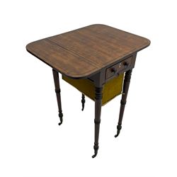 Narrow George III mahogany sewing or work Pembroke table, drop-leaf rectangular top with rounded corners inlaid with ebony stringing, fitted with single full-length cock-beaded drawer and opposing false drawer fascia, turned handles and ivory escutcheons, sliding upholstered storage bag beneath, on ring turned supports with brass cups and castors

This item has been registered for sale under Section 10 of the APHA Ivory Act