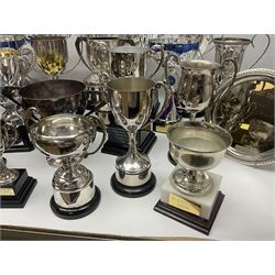 Collection of silver plated and metal trophy cups and winners plaques, all relating to the Burniston and District Show, most engraved with competitions and winner's names, in three boxes 