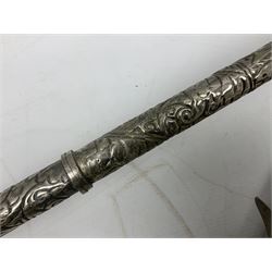 Reproduction non-firing flintlock pistol with brass skull crusher butt, the lock-plate inscribed 'Tower' and 'GR' L40cm; Sabre Japan Original Bowie Knife in sheath; and Indian embossed nickel two-piece walking cane (3)