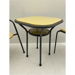 Grey painted metal and pale yellow painted wood bistro set, table with under tier, small side table, armchair 