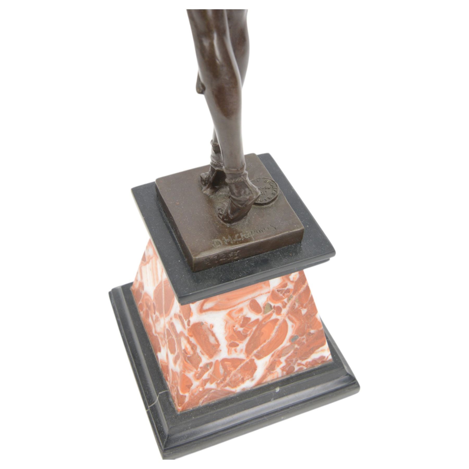 After Demetre Chiparus, Art Deco style bronze, modelled as a dancer, raised upon a stepped marble base, H55cm