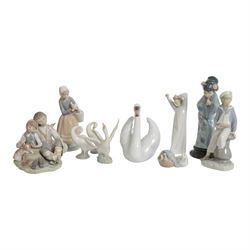 Ten Lladro figures, including Swan 5231, Friendship 1230, Geisha Girl 4989, Boy with Yacht etc 