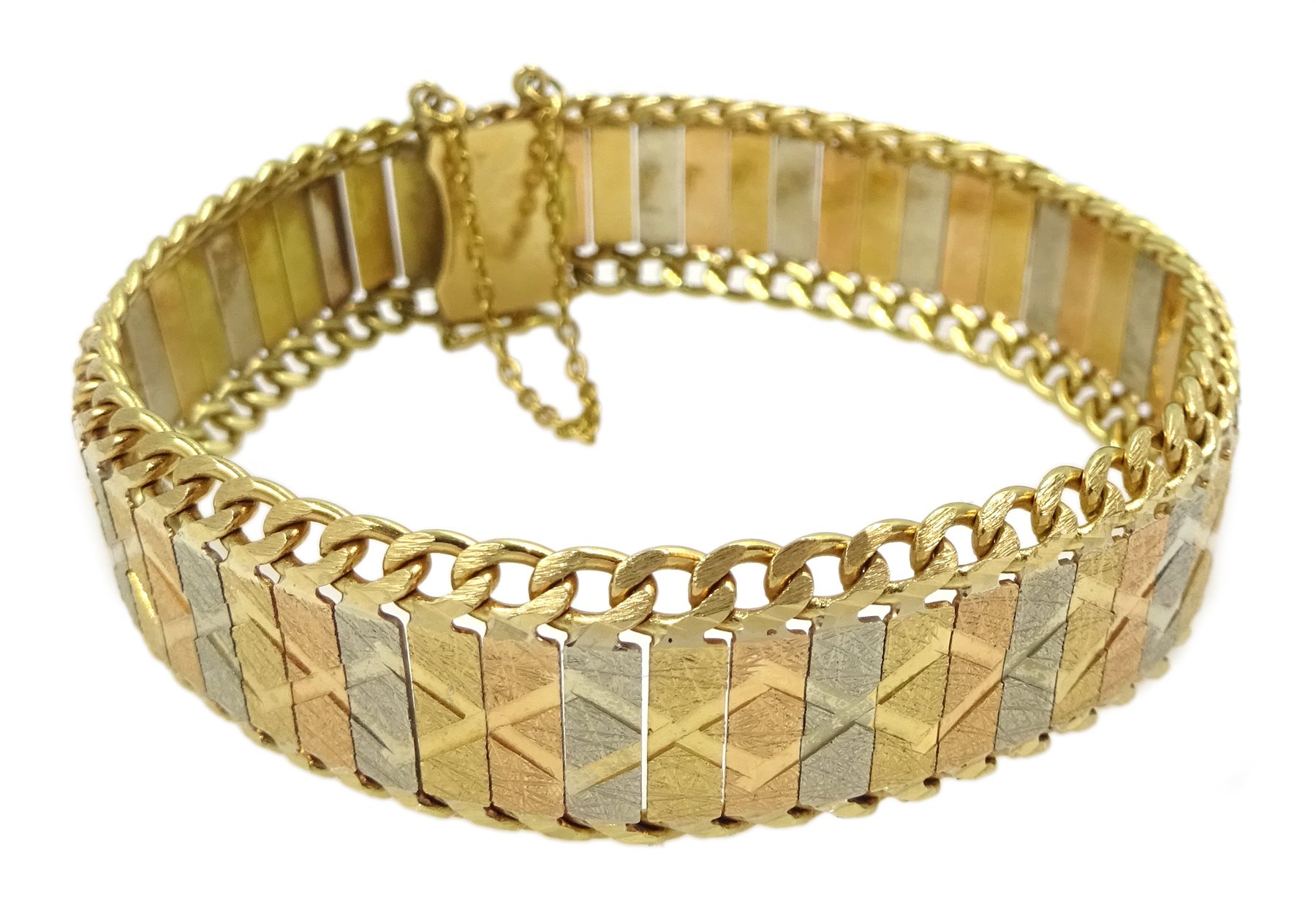 18ct white, rose and yellow gold link bracelet, approx 34.3gm 