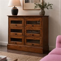 20th century Haberdashery style hardwood chest, two brushing slides, with six glass fronte...