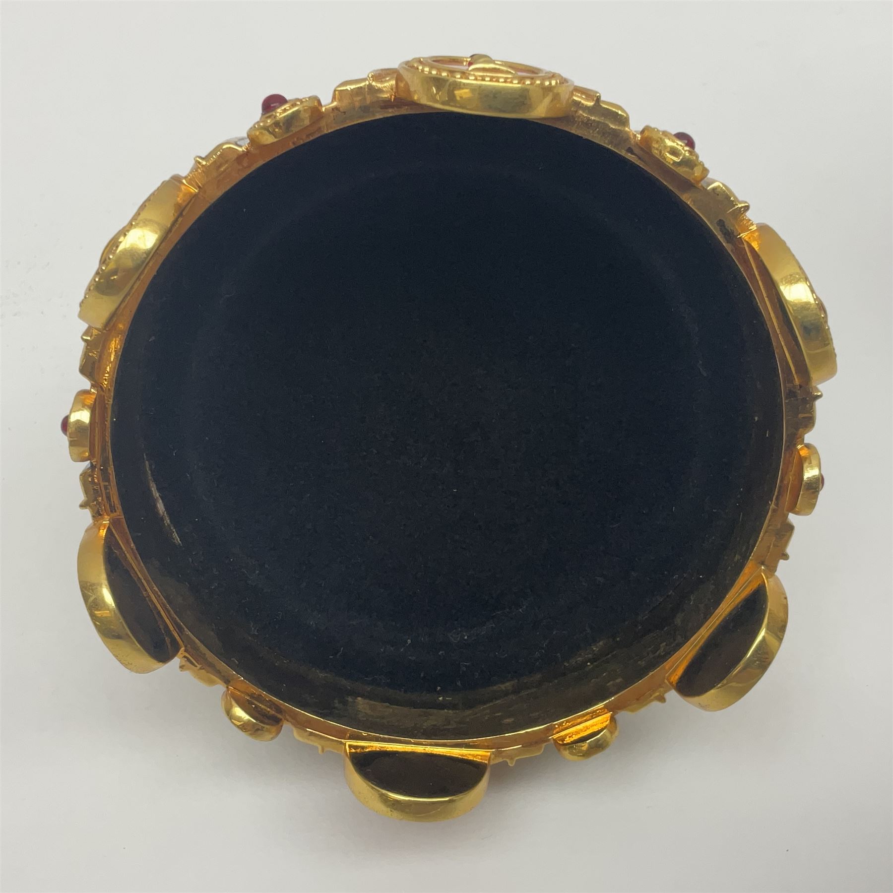 Franklin Mint House of Faberge; The Imperial Jeweled Egg Chess set, the egg opening to reveal a chess board, with a draw to the hexagonal base holding the miniature chess pieces, H23cm 