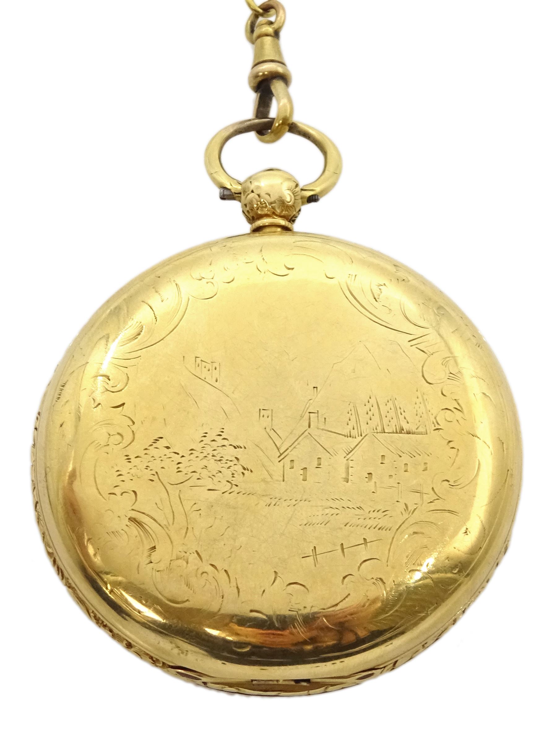 Victorian 18ct gold open face English lever fusee pocket watch by Frisch & Schierwater, Liverpool, No. 14789, cream dial with Roman numerals and outer Arabic minute ring, the back case with engraved decoration depicting a village scene, case by Christopher Jones, Chester 1843, on gold chain with silver vesta case by A & J Zimmerman Ltd