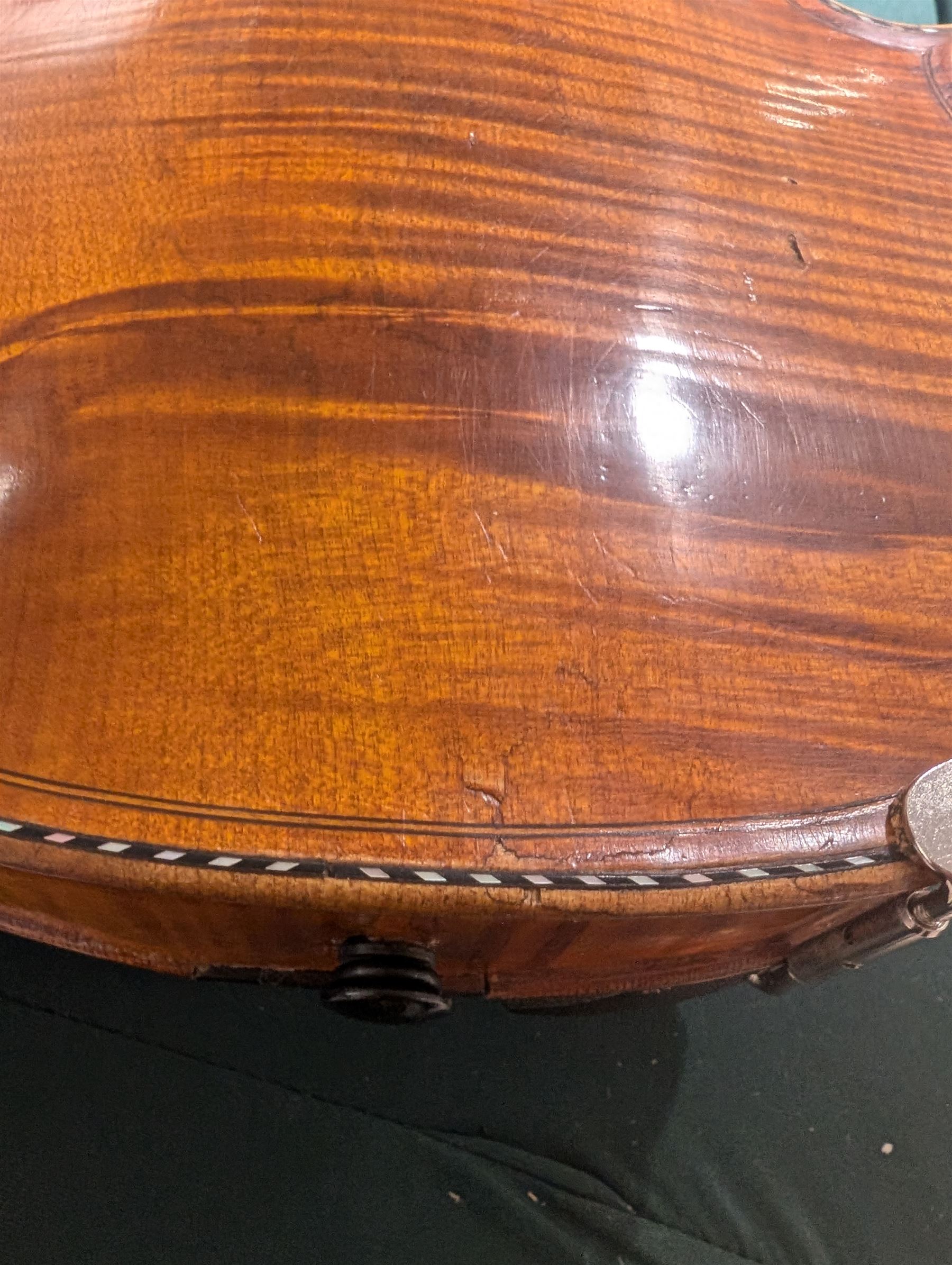 19th century full size European violin, spruce top, figured maple full back and sides, double purfling, in fitted case with two bows.