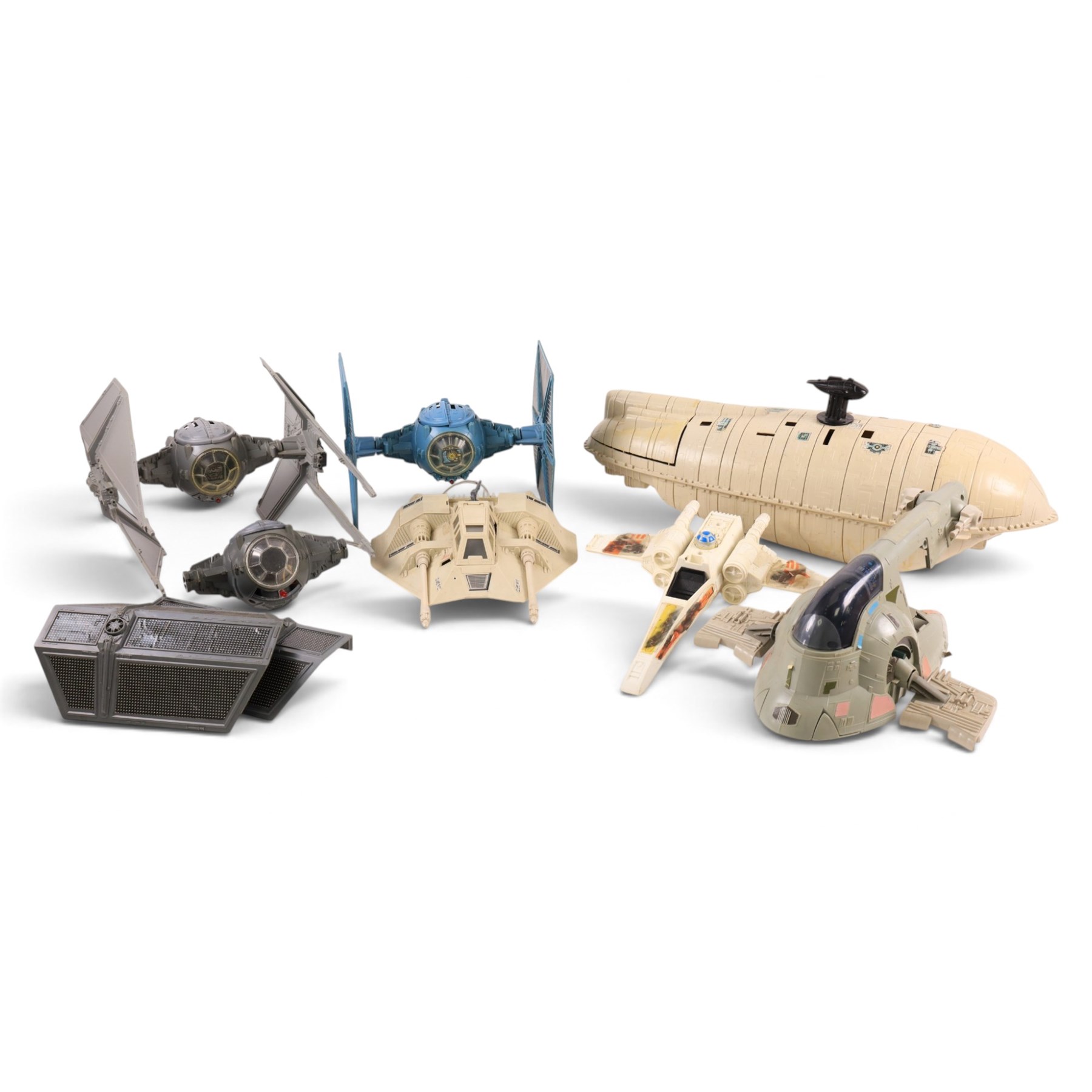 Collection of Kenner/Palitoy Star Wars vehicles, including Tie Interceptor, Battle Damaged X-Wing, Snow Speeder, Darth Vader's Tie Fighter, Tie Fighter, Rebel Transport and Slave I 