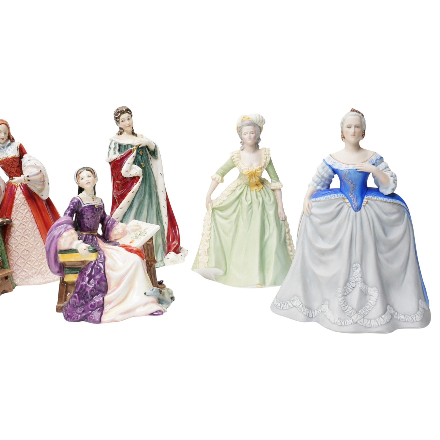 Six Royal Doulton figures, comprising Queens of the Realm Queen Anne HN3141 and Mary Queen of Scots HN3142, Lady Jane Grey HN3680, Margaret Tudor HN3838, Mary Tudor HN3834, Princess Elizabeth HN3682, together with three further Franklin Mint figures (9)