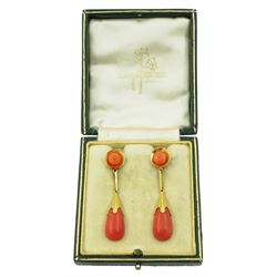Pair of 18ct gold coral pendant stud earrings, in silk and velvet lined box