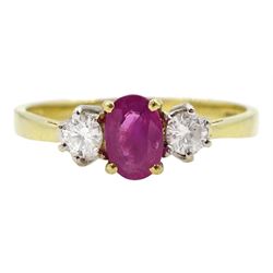 18ct gold three stone oval ruby and round brilliant cut diamond ring, London import mark 1998, total diamond weight approx 0.30 carat