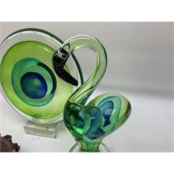 Murano style glass flamingo in merging green and blue upon clear circular spreading base, together with a circular glass ornament in the same colourway, Waltherglass square pedastal dish, other glass dishes and animal figure, tallest H26cm