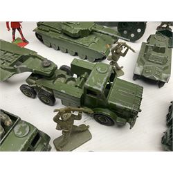 Various makers - unboxed and playworn die-cast models including Dinky Thornycroft Mighty Antar Tank Transporter No.660 and Centurion Tank No.651, other military and farm vehicles; and quantity of loose plastic soldiers and other figures by Crescent, Britains etc