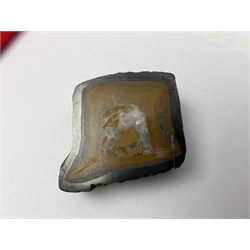 Chinese hardstone carving of a fish amongst coral, with platted rope handle, together with other hardstone and soft stone carvings  