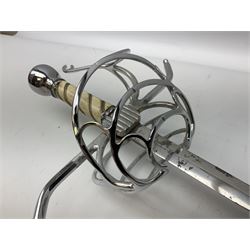 Replica knight's longsword, the 91.5cm double-edged steel blade with basket hilt and wire-bound bone grip with spherical pommel, in leather scabbard L112cm overall