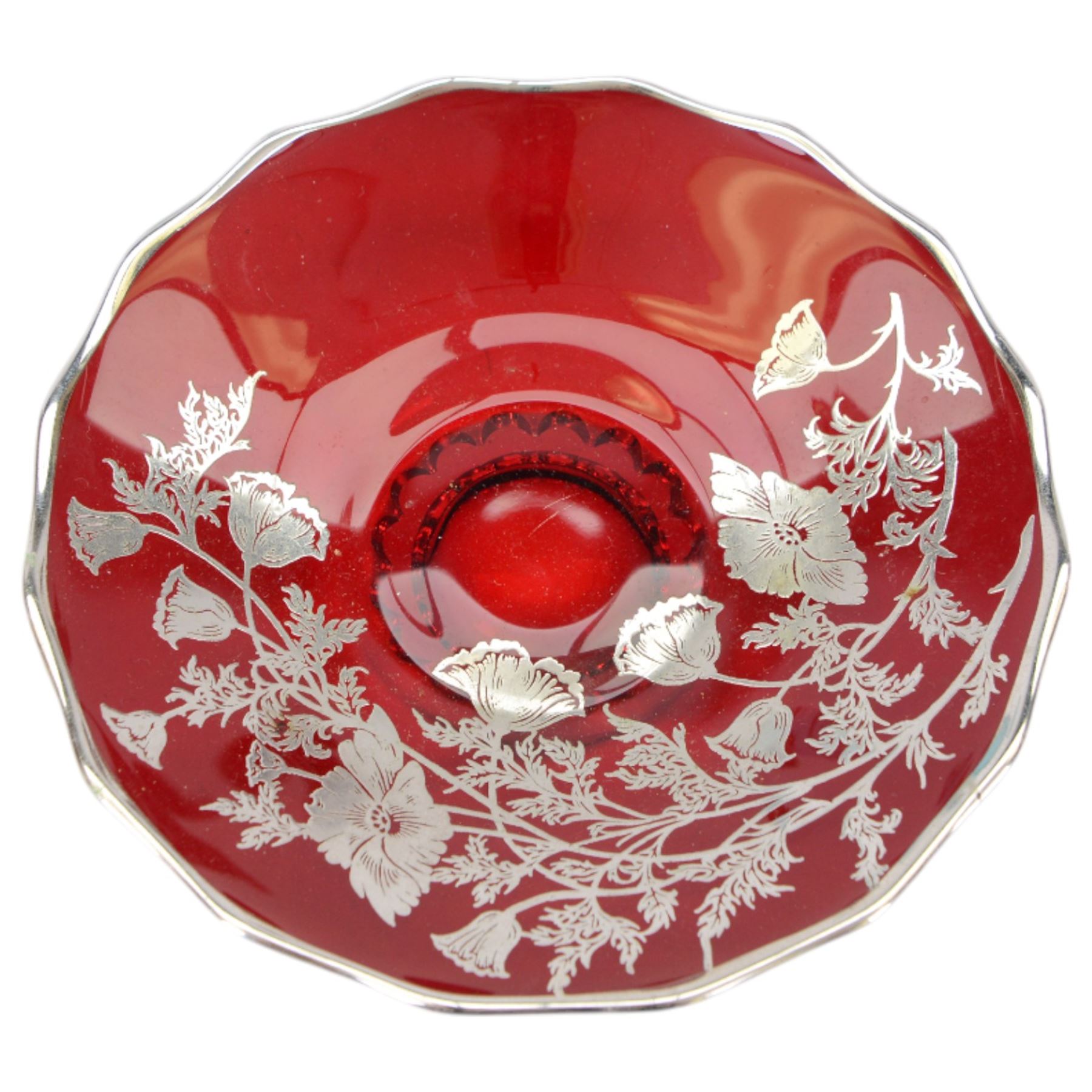 Pair of Victorian Bohemian ruby glass goblet and cover, together with a blue glass decanter and a ruby plate with silvered overlay, goblets H24cm 