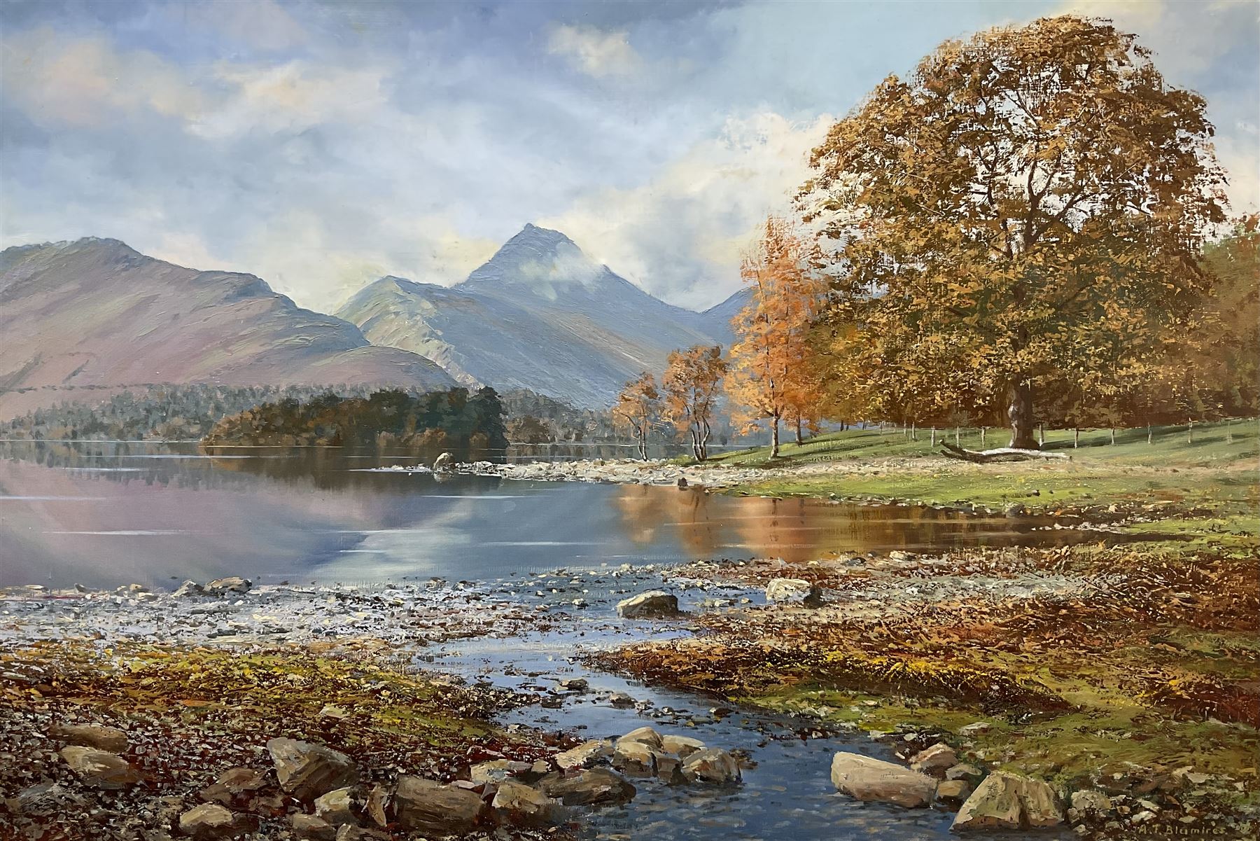 Arthur Terry Blamires (British 1930-): 'Causey Pike and Calf Close Bay - Derwent Water', oil on board signed, titled and dated 1997 verso 42cm x 62cm 