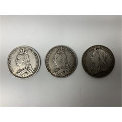 Three Queen Victoria silver crown coins dated 1889, 1892 and 1894