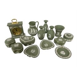 Group of Wedgwood sage green Jasperware, to include jug, vases, lidded boxes, dishes etc