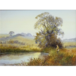  Fishing by the River, oil on canvas signed by Bill Haines (British 1943-) 29cm x 39cm  