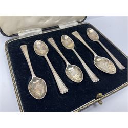 Five silver coffee spoons, together with one other, hallmarked, silver jewellery and costume jewellery in a wooden jewellery box