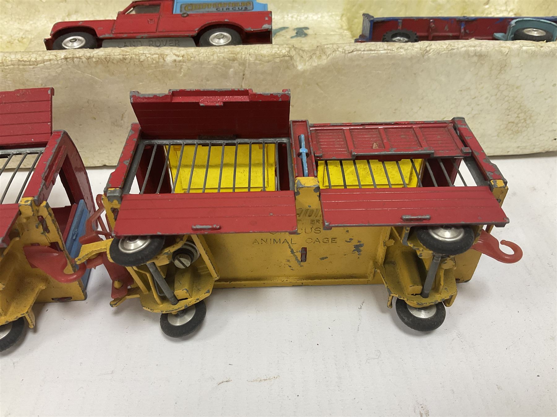 Corgi Chipperfields Circus Toys Gift Set No. 23 part-set in part-box comprising Smith’s ‘Karrier’ Van, International 6x6 truck, two Circus Animal Cages and Platform Trailer; accompanied by similar Corgi Major Chipperfield Circus Articulated Horsebox, and two Corgi Land Rovers