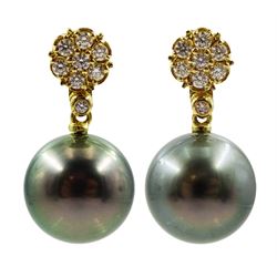 Pair of 18ct gold diamond flower head cluster stud earrings, with detachable Tahitian black pearl pendants, stamped 750, total diamond weight approx 0.45 carat