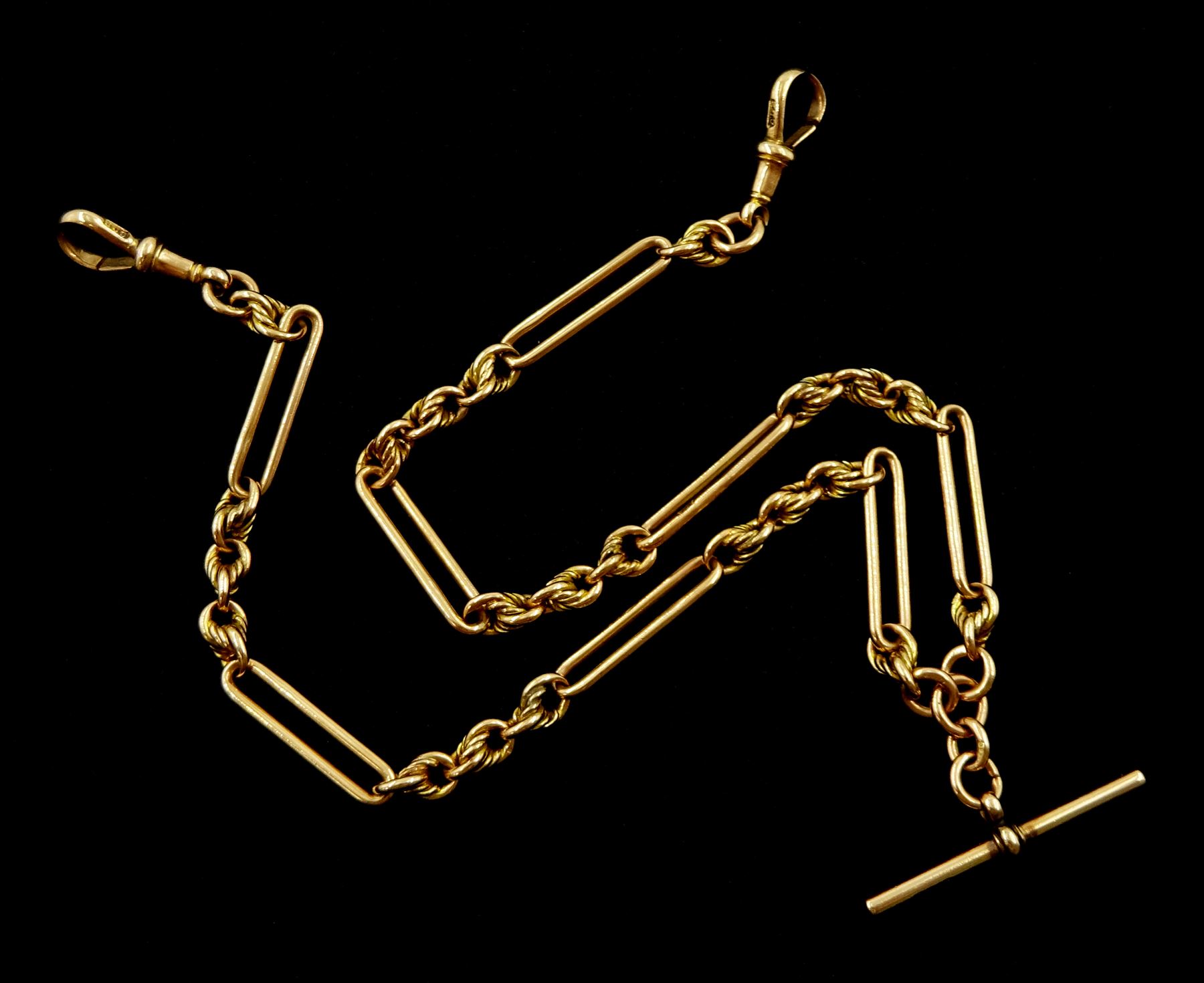 Victorian 9ct gold Albert chain with two clips, by Charles Daniel Broughton, each link stamped 9.375