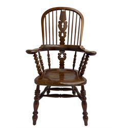 Traditional elm Yorkshire style Windsor armchair, high back with pierced and fret work splat, turned supports joined by double H stretcher