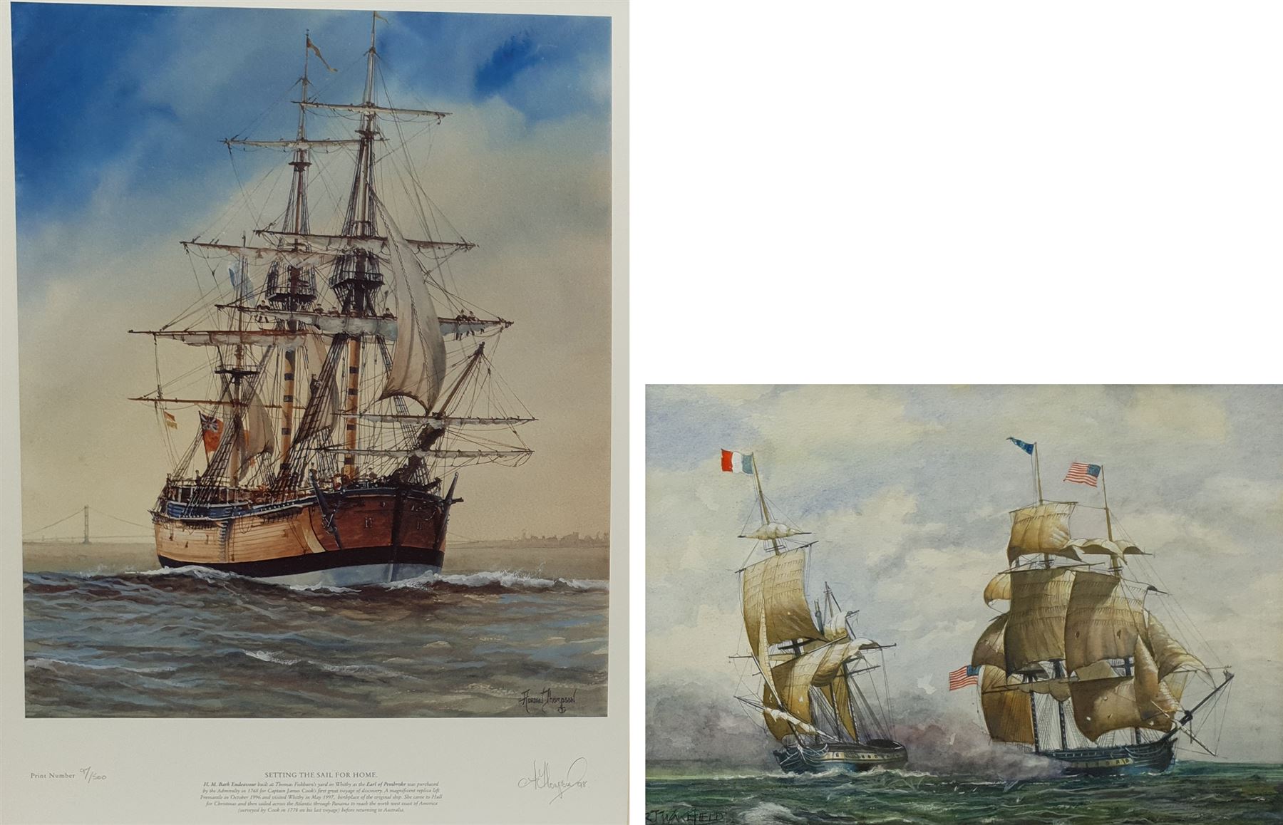 Adrian Thompson (British 1960-): 'Setting the Sail for Home' - HM Bark Endeavour, limited edition colour print signed dated '98 and numbered 97/500 in pencil 49cm x 37cm; RJ Wakefield (British 20th century): USS Constellation vs L'Insurgente, watercolour signed 28cm x 40cm (2)