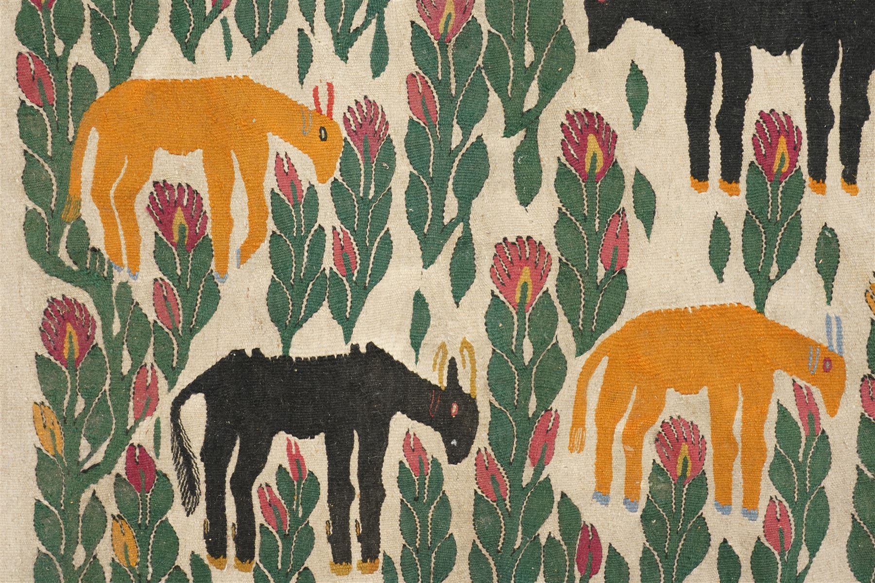 Anatolian pictorial folk art wall hanging or rug, depicting several mountain goats, flamingo and flowers, signed indistinctly 