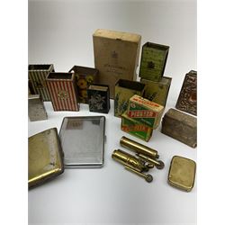 Smoking accessories - three vesta cases including disc shaped white metal incorporating three miniature poker dice behind glass panel, ivory book form etc; four novelty brass/nickel lighters; fourteen matchbox sleeves including eight Bryant & May, two crested, one marked 'Bathroom', embossed copper etc; box of Bryant & May Vesuvians cigar matches; two cigarette cases etc