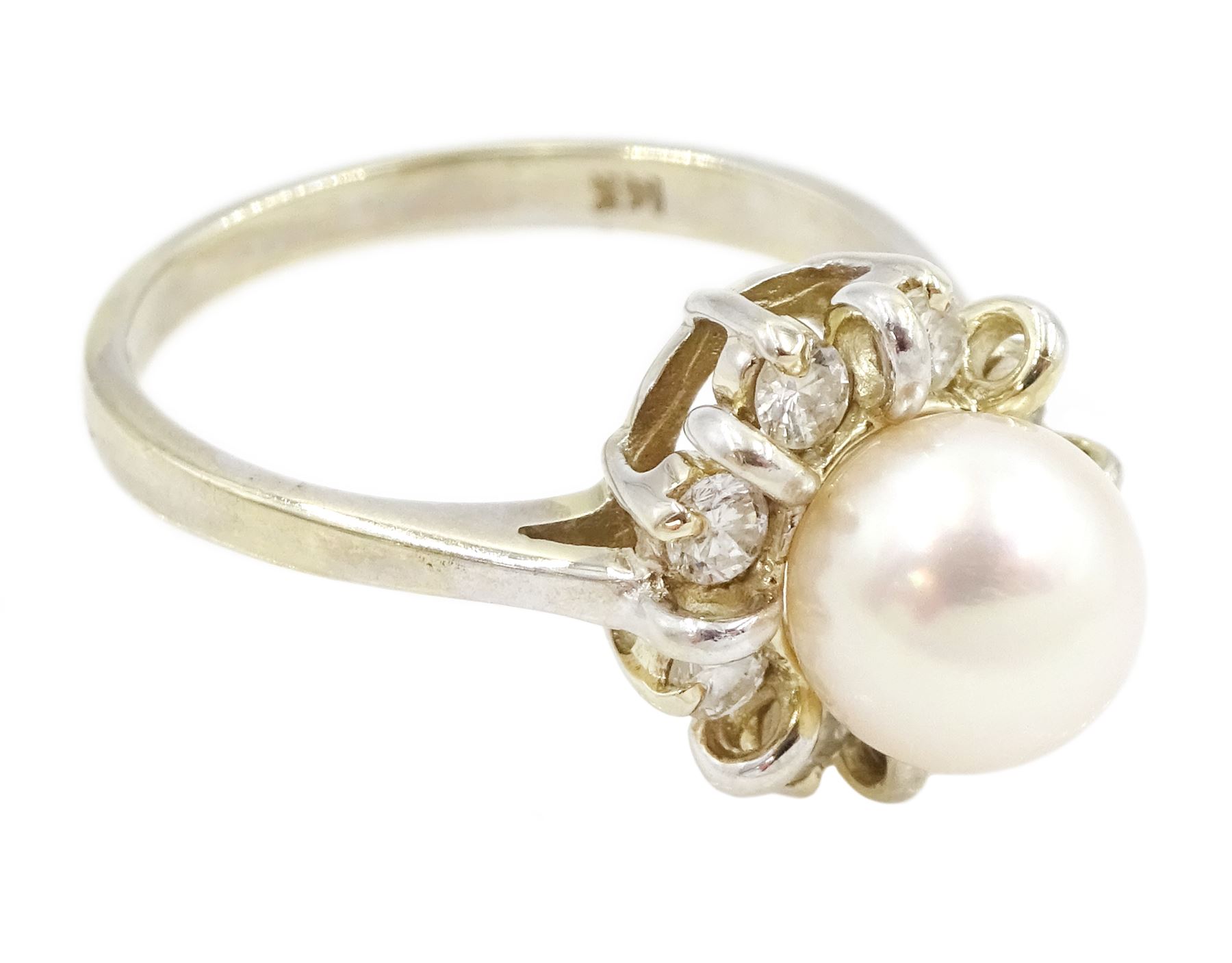 14ct gold cultured pink / white pearl and round brilliant cut diamond cluster ring, stamped, total diamond weight approx 0.40 carat