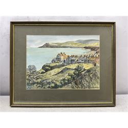 Jane Pearson (Yorkshire 20th century): 'Raven Hall' at Ravenscar, pair watercolour and inks signed and titled 29cm x 40cm; 'Robin Hood's Bay', hand-finished print, 27cm x 37cm (3)