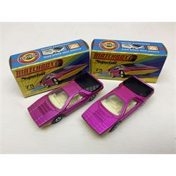 Matchbox 1-75 Series 'Superfast' ex-shop stock - eight models comprising two 62d Dragster, two 64c Slingshot Dragster, two 65d Saab Sonnet III and two 75c Alfa Carabo; all boxed; together with Matchbox trade catalogue c1973 in original vinyl cover (9)