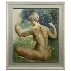 Roberte Chevalier (French 1907-2000): Seated Female Nude outside, oil on canvas laid onto board 62cm x 52cm