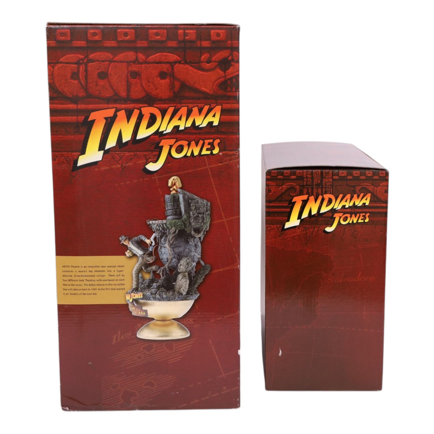 Kotobukiya Artfx Indiana Jones and the Raiders of the Lost Ark Snap Fit Artfx Theatre, together with a Gentle Giant Indiana Jones Collectible Mini Bust, both boxed