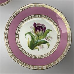 Victorian Copeland, Botanical dessert service, decorated with floral sprigs to the centre with a pink and gilt border, comprising five comports and seven plates, largest comport H20cm, plate D22cm