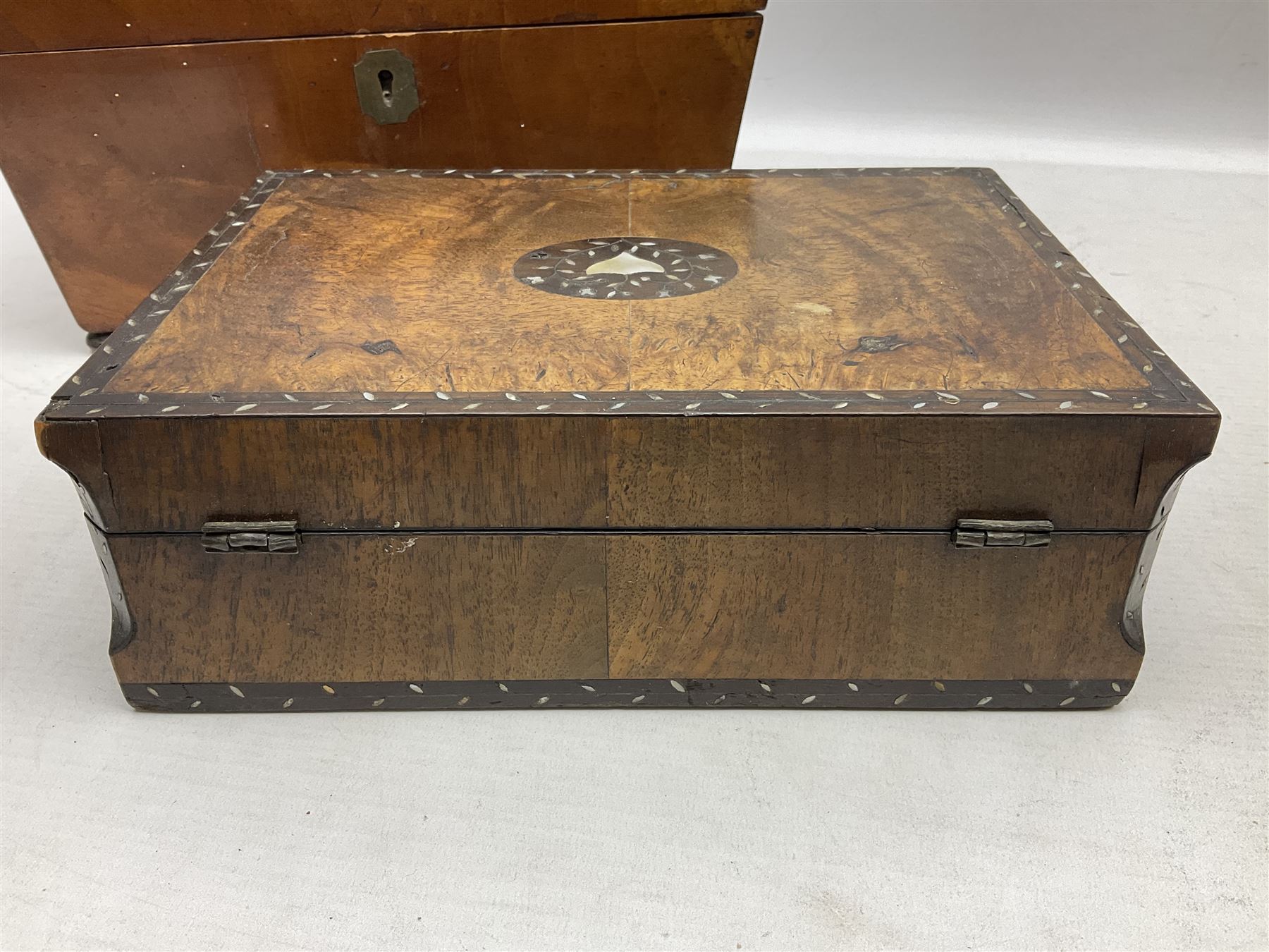 Walnut tea caddy of sarcophagus form, two division lidded interior with a later glass mixing bowl, upon four brass bun feet together with a walnut sewing box with mother of pearl inlaid decoration, tea caddy H16cm