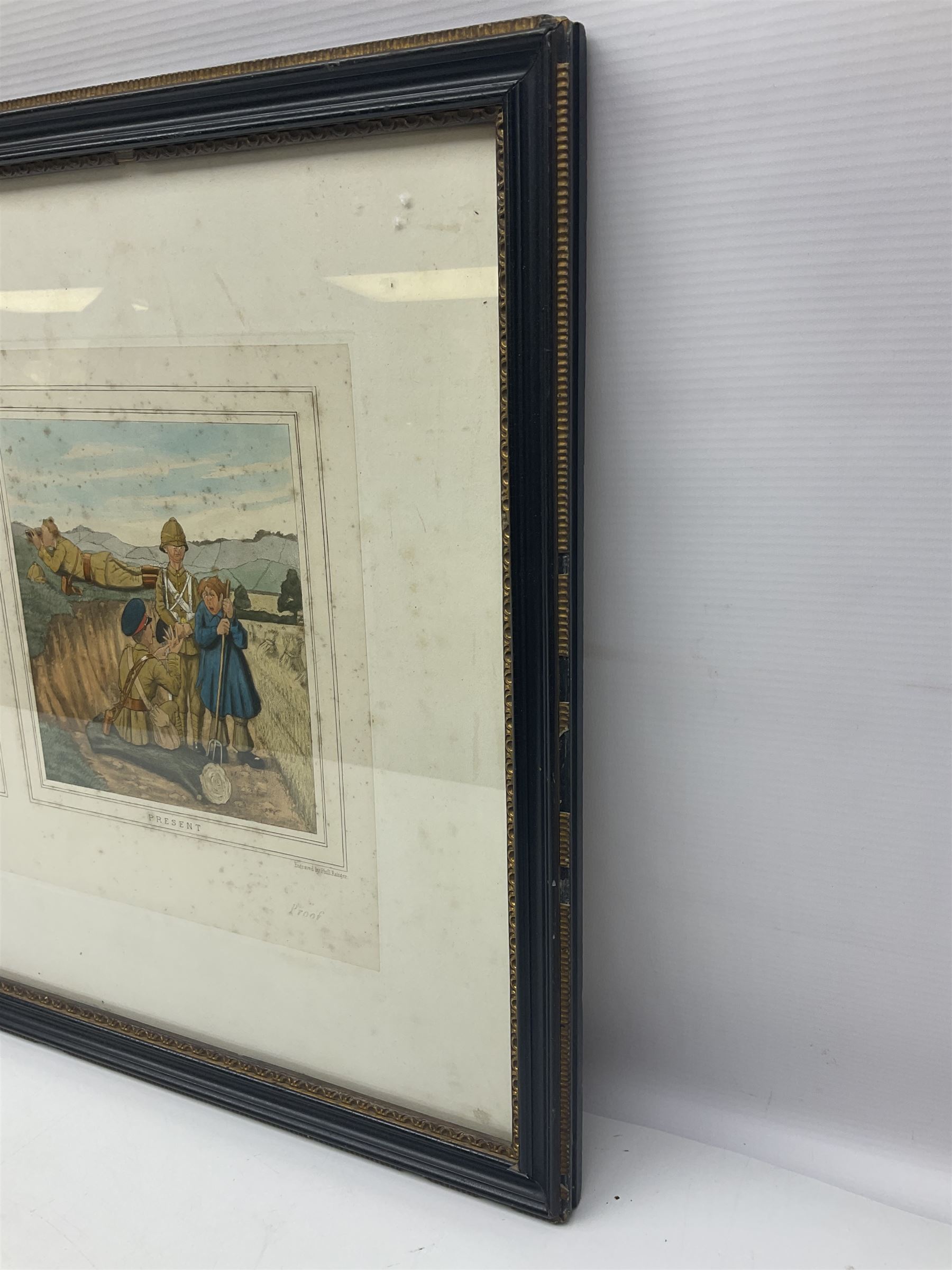 Early 20th century humorous military colour print entitled 'Reconnoitring' depicting three titled images 'Past', 'Presently' and 'Present'; published 1907 and signed on the mount by the artist C.S. Collison 38 x 73cm; Hogarth style frame