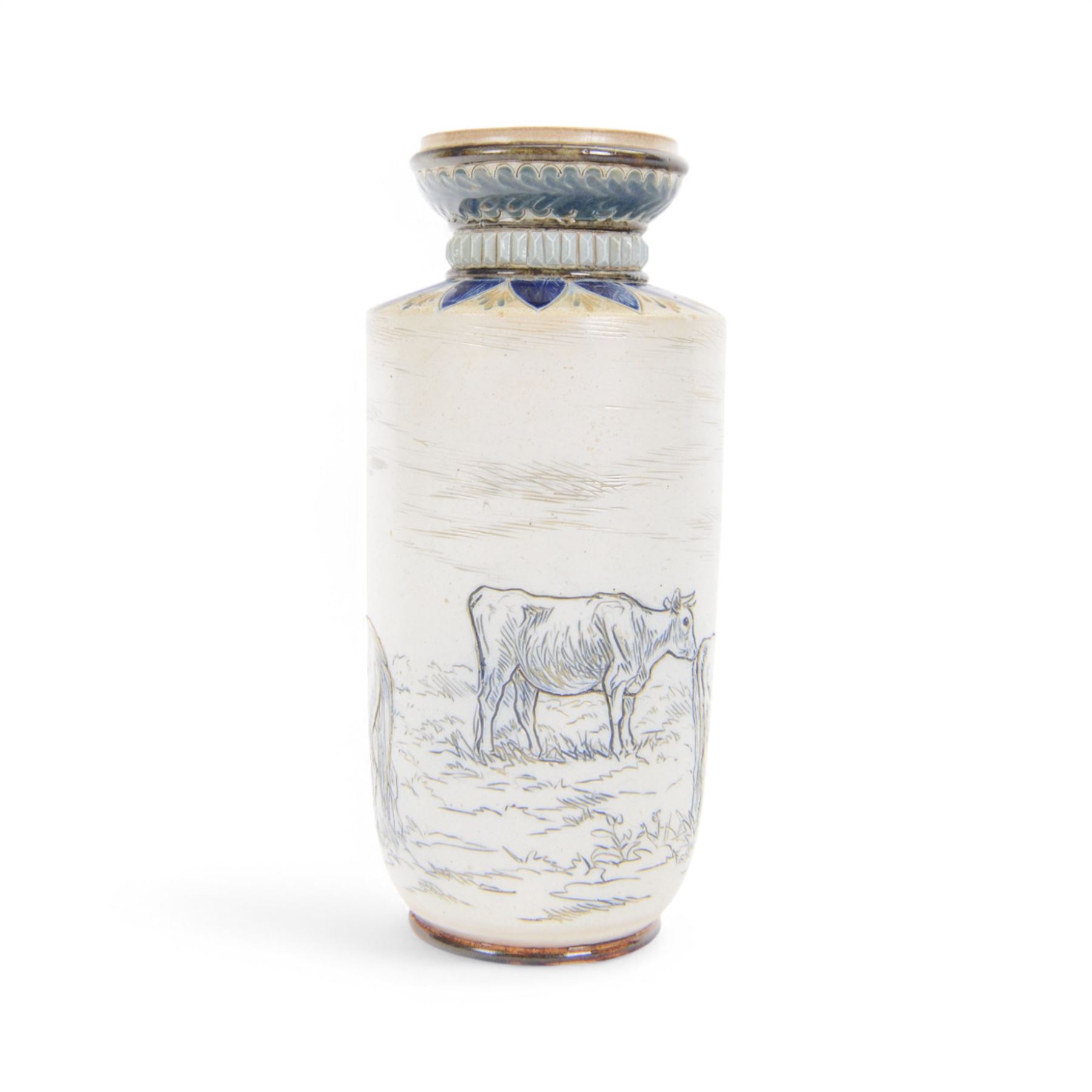 Doulton Lambeth sgraffito vase decorated by Hannah Barlow, decorated with a cattle and horses, with impressed marks beneath, H23cm