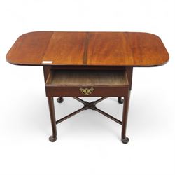 Early 20th century Georgian design mahogany drop leaf table, rectangular top with twin drop leaves above a single frieze drawer on sender tapered legs united by a cross-stretcher and terminating in pad feet  