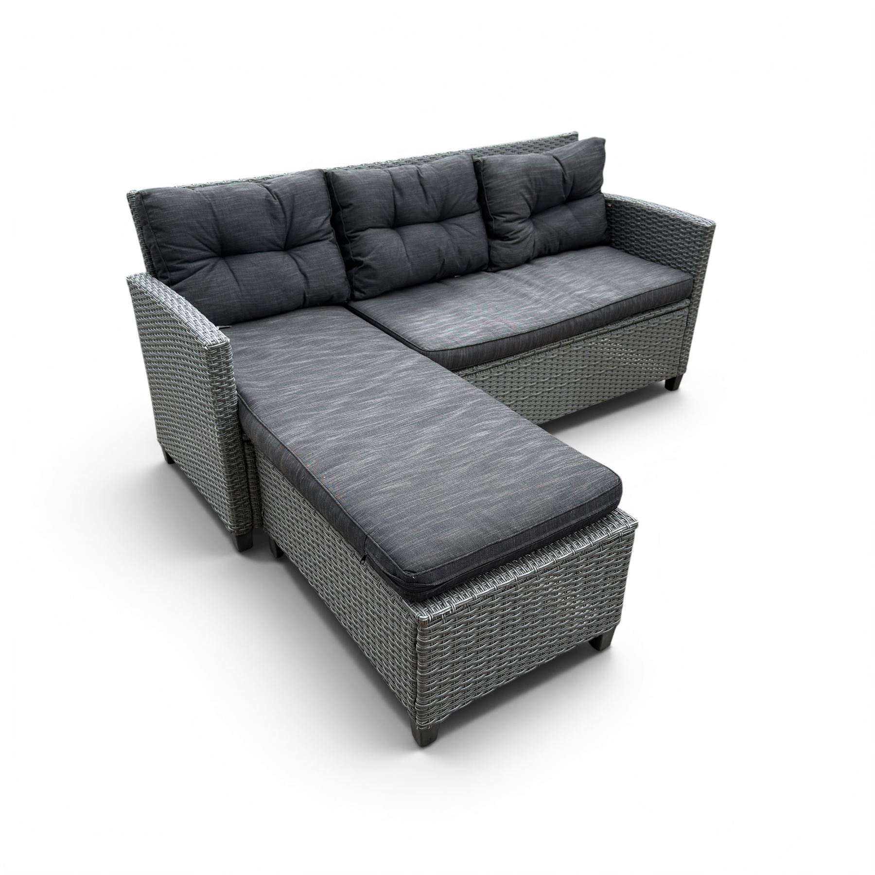 Jutlandia - Rattan garden furniture set with cushions, corner sofa, rectangular glass top table, side table, and two armchairs