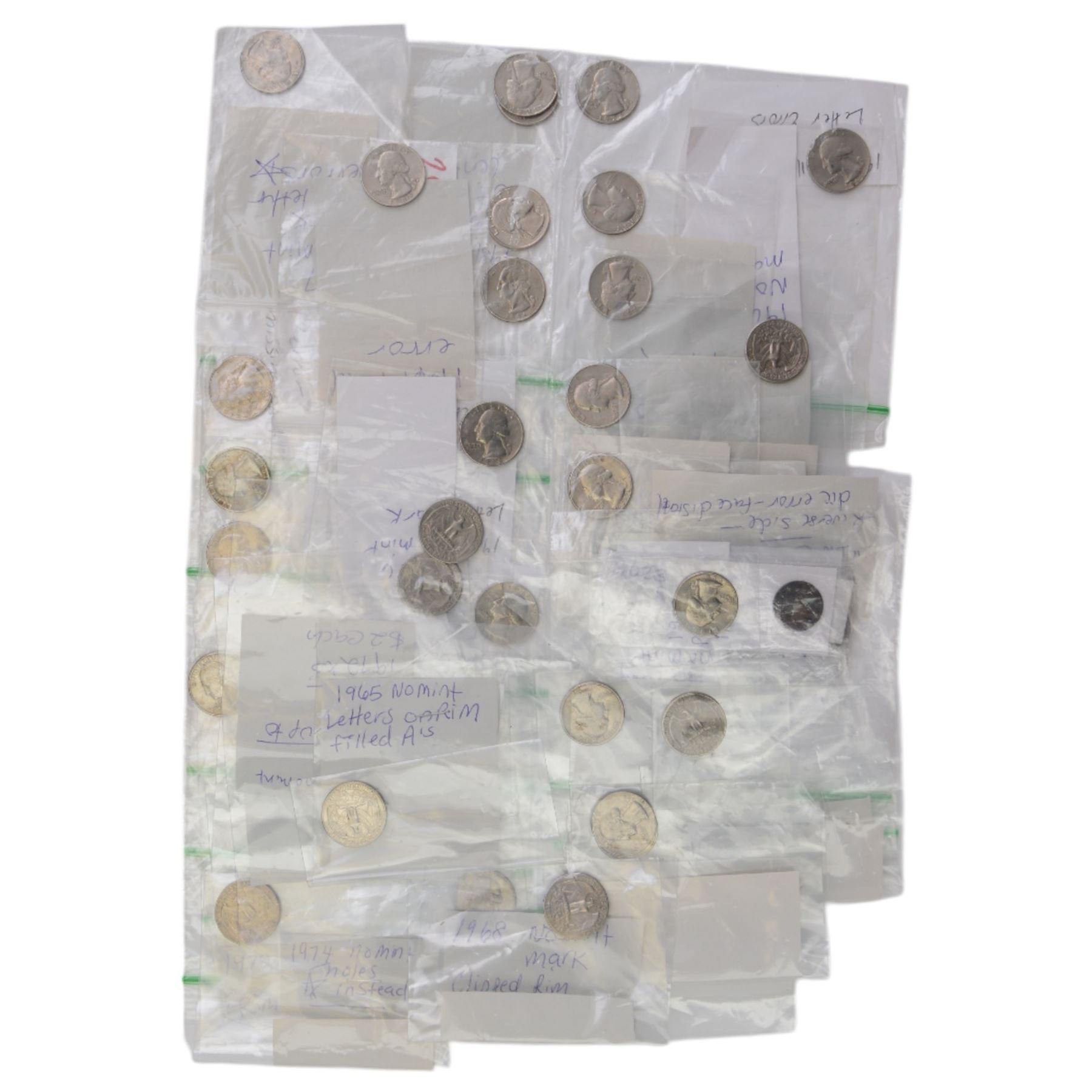 Collection of United States of America coins, 1965 onwards, principally quarter dollars, many with alleged minting errors as annotated on labels