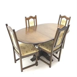 Medium oak oval extending dining table, turned pedestal base on four sledge supports (W153cm, H77cm, D90cm) and set four dining chairs, shaped cresting rail, upholstered back and seat, baluster supports (W49cm)