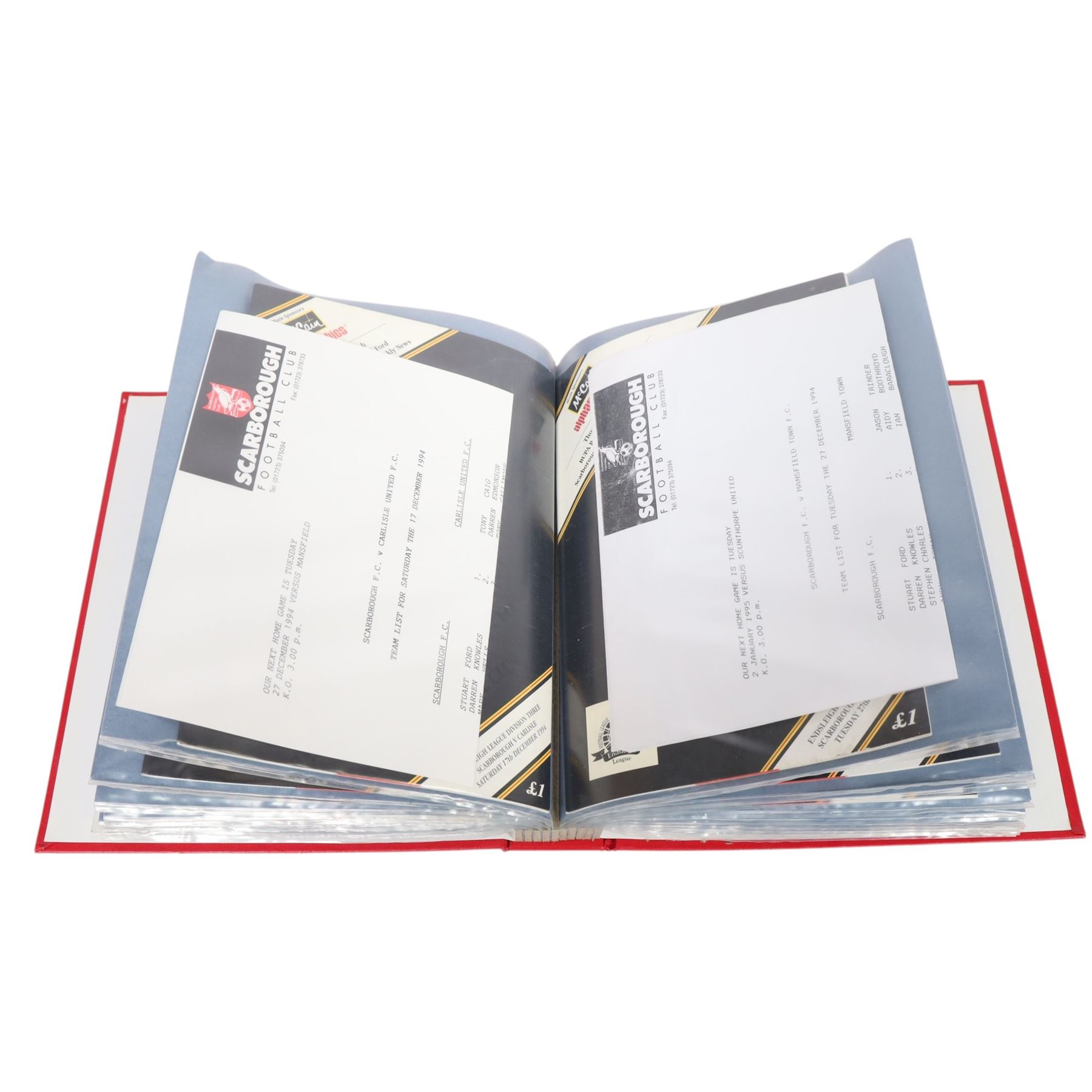 Comprehensive collection of approximately one-hundred and seventy Scarborough FC football programmes for the 1993/94, 1994/95 and 1995/96 seasons, all filed within six dedicated Scarborough FC red Home and Away binders