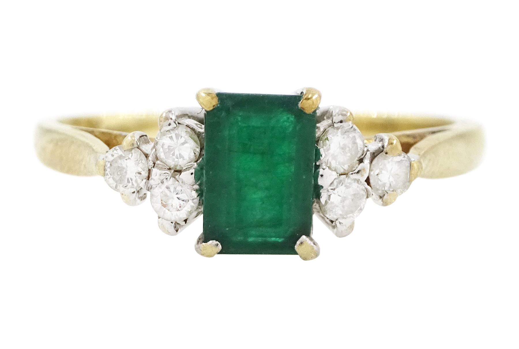 9ct gold emerald and diamond ring, single octagonal cut emerald of approx 0.45 carat, set between brilliant cut diamond trefoil shoulders