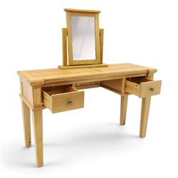 Contemporary oak kneehole dressing table and mirror, rectangular shaped top fitted with two drawers, on square tapering supports